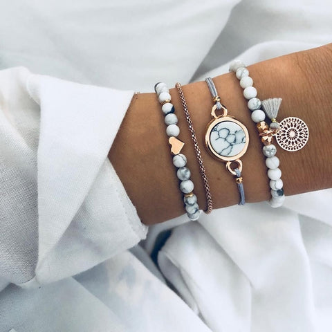 Multiple Styles Beads Bracelet Set For Women Bohemian Marble Stone Handmade Tassel Rope Chain Bracelets Party Jewelry